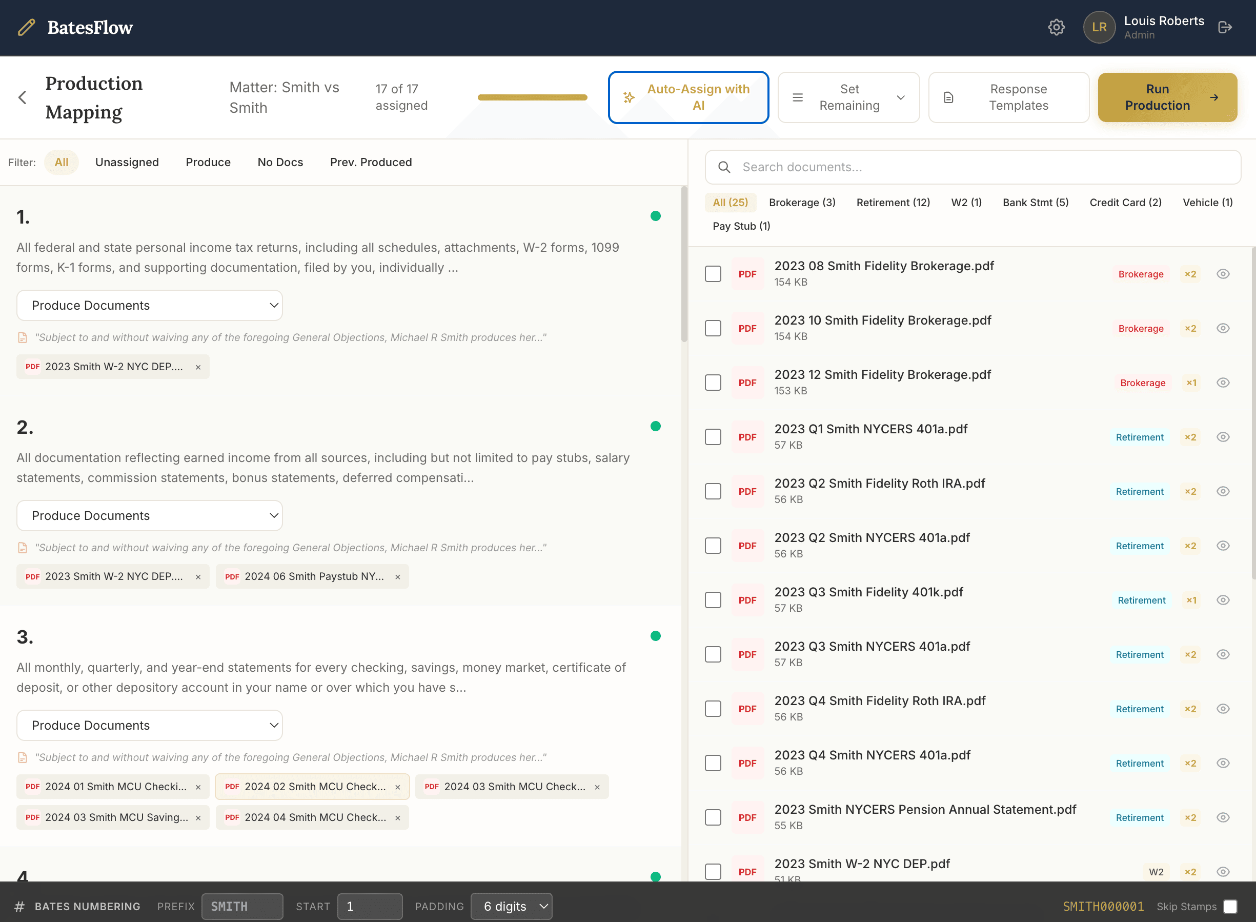Production mapping after auto-assign: 17 of 17 requests mapped, Run Production button active.